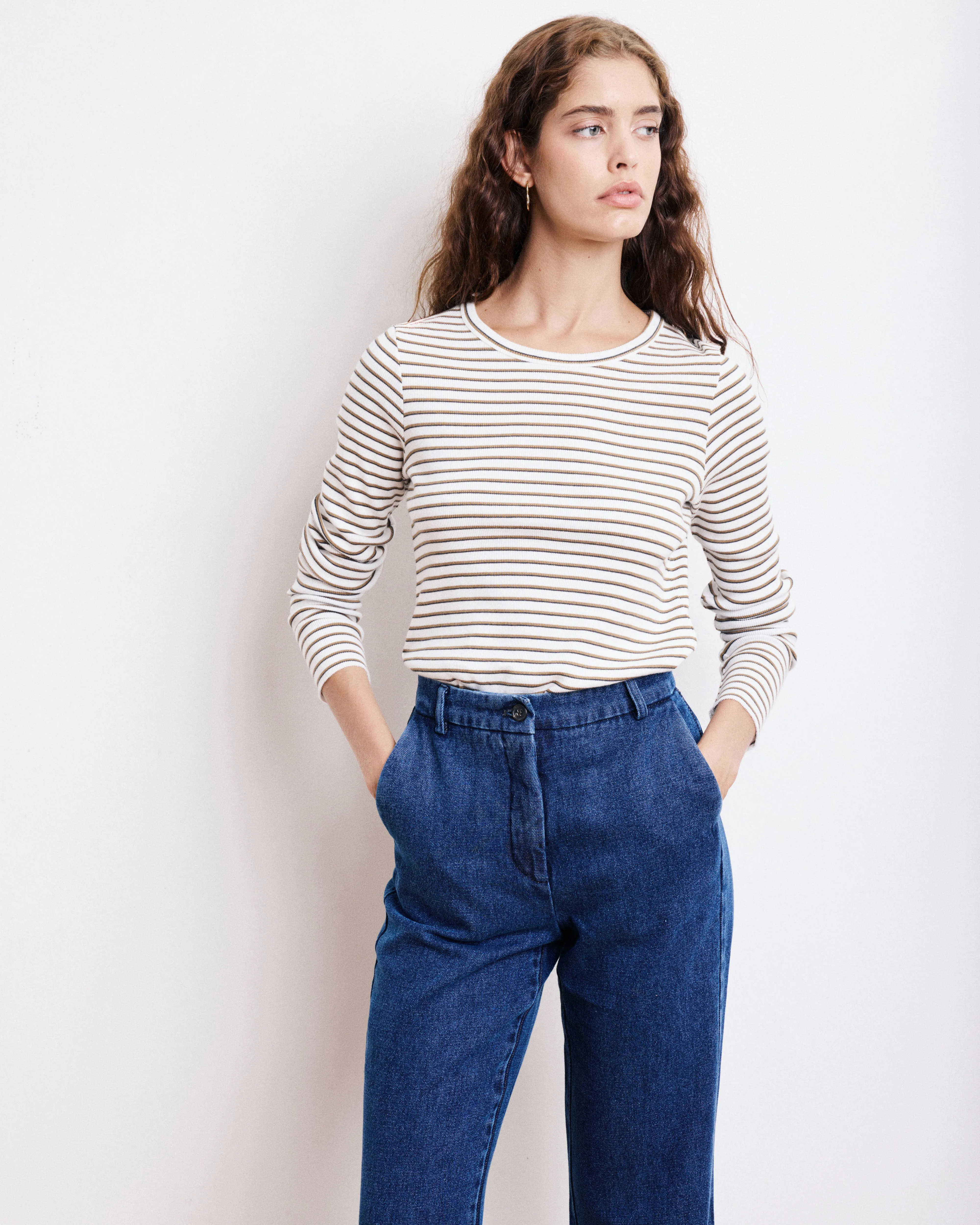 T-Shirt Femme en Coton Côtelé Ecru & Camel Take sold by Hartford