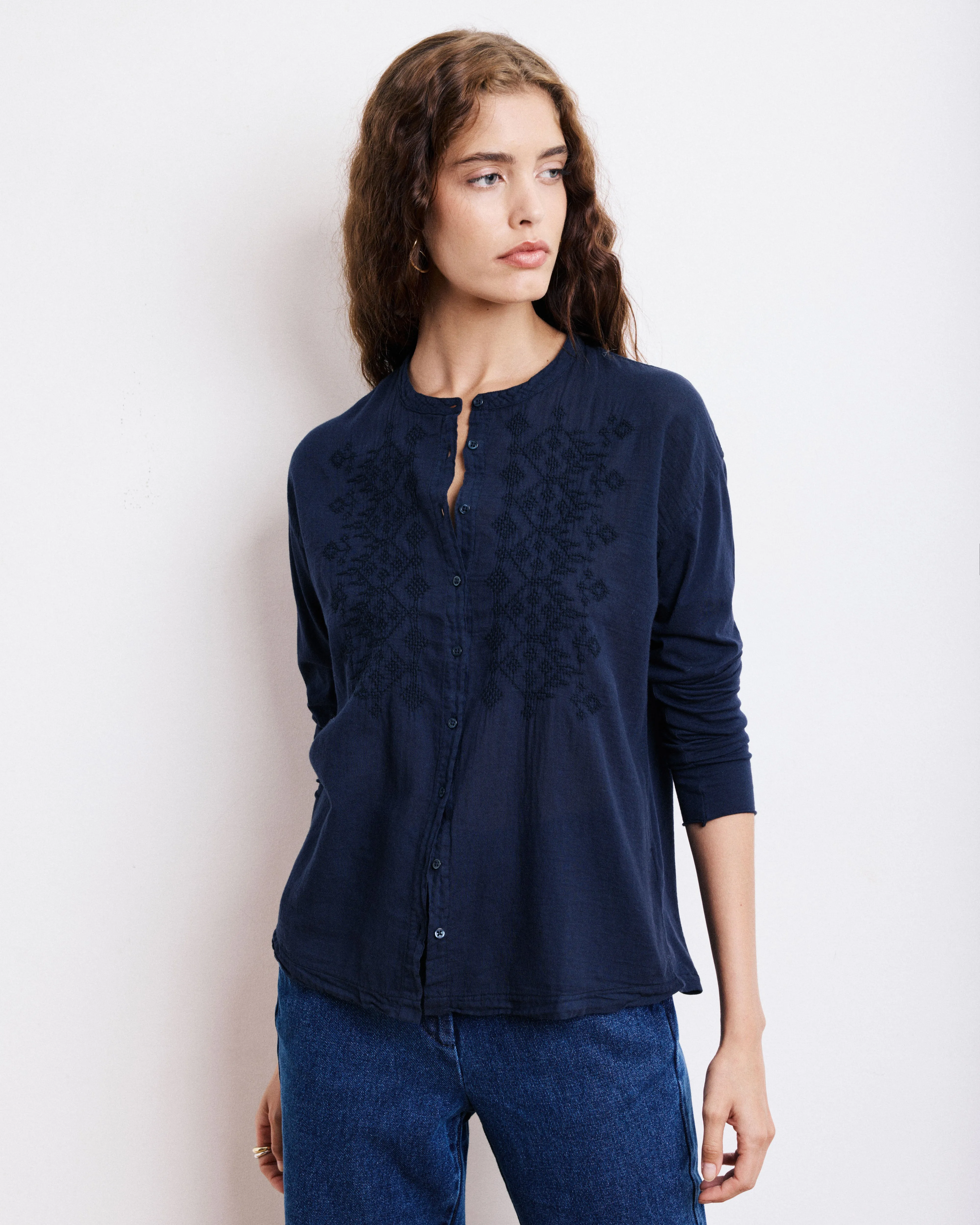 Chemise Femme en Coton Bi-Matière Bleu Marine Taora sold by Hartford product image thumbnail 3