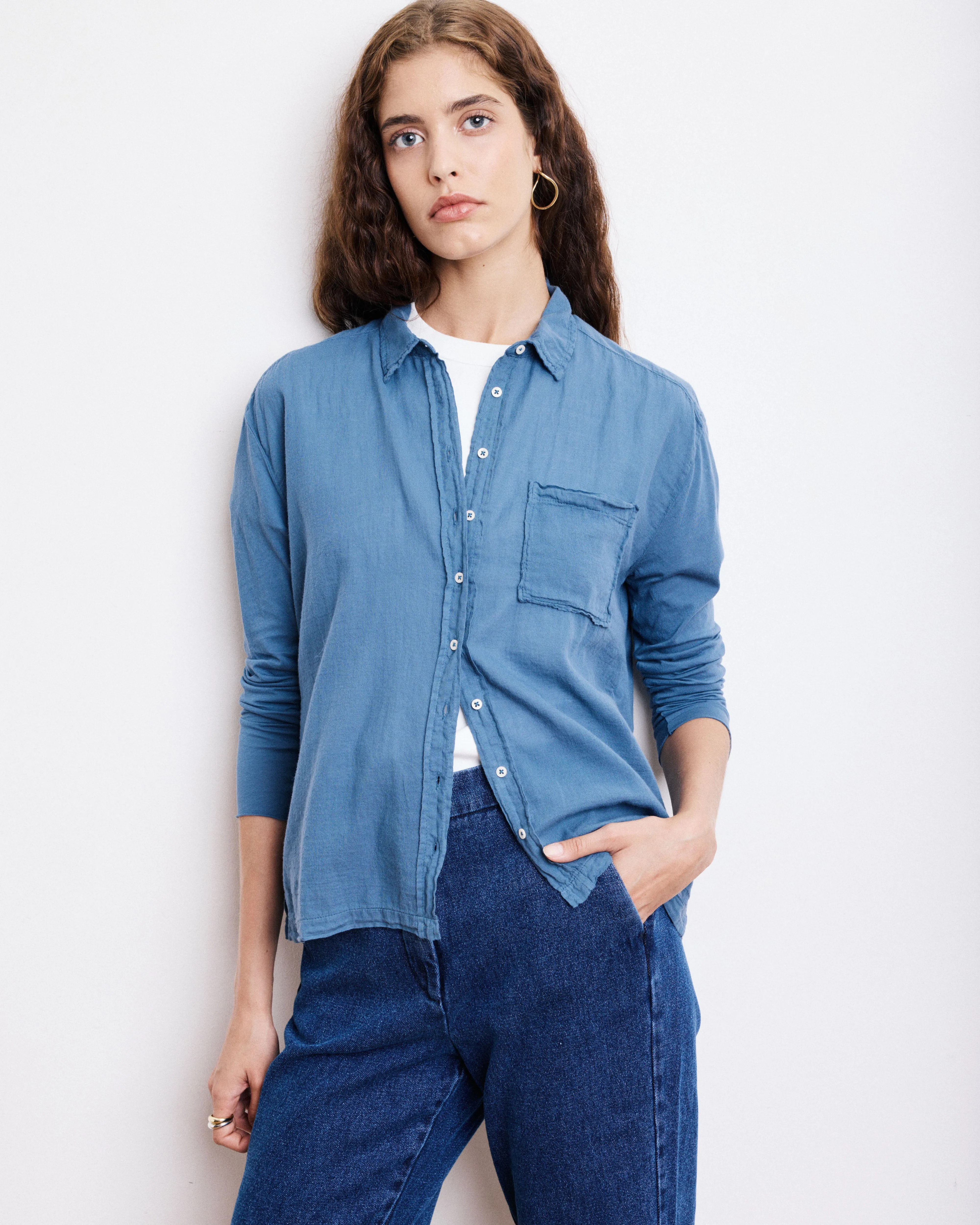 Chemise Femme en Coton Bi-Matière Bleu Denim Tacy sold by Hartford product image thumbnail 5