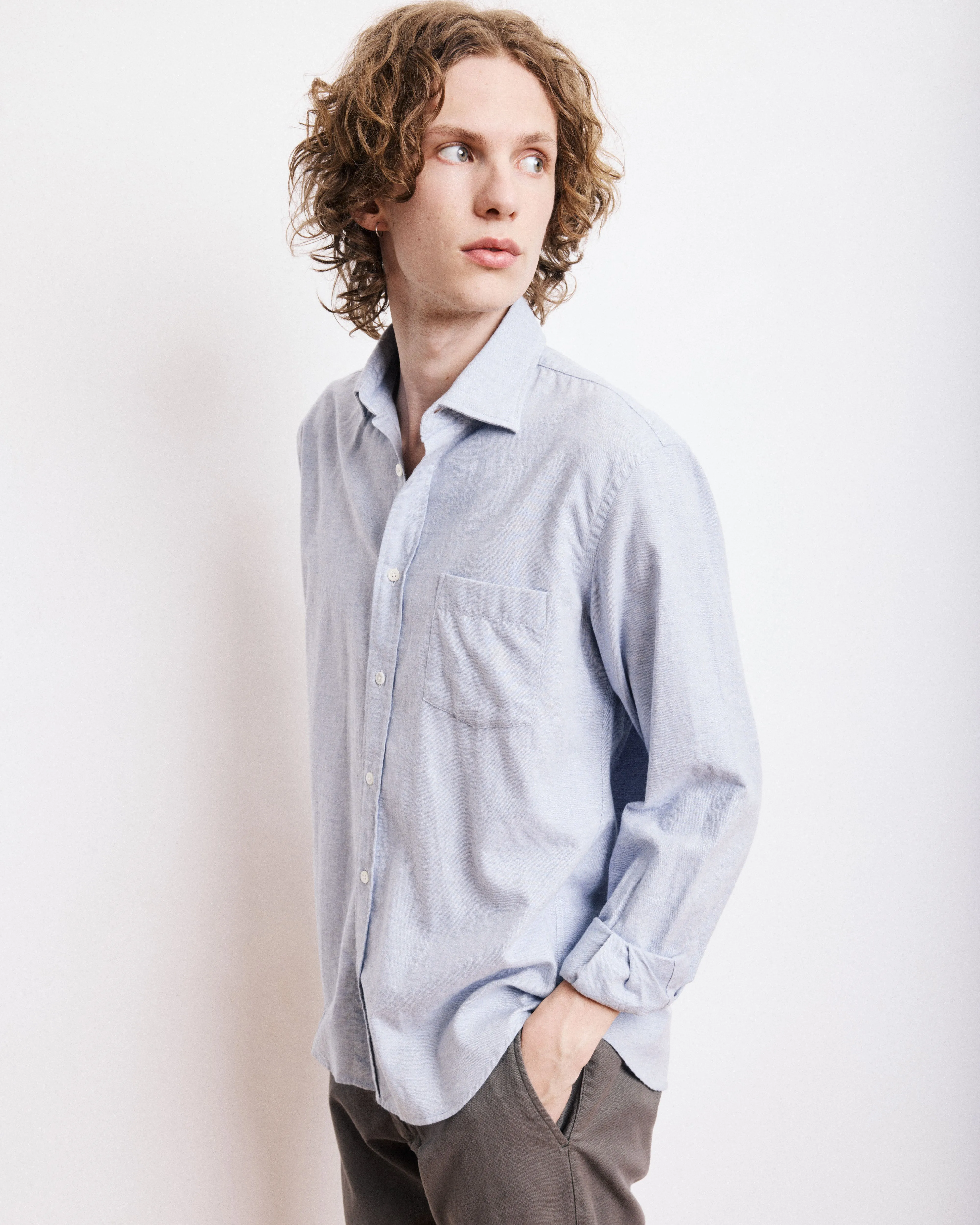 Chemise Homme en Gabardine de Coton Brossé Bleu Paul sold by Hartford