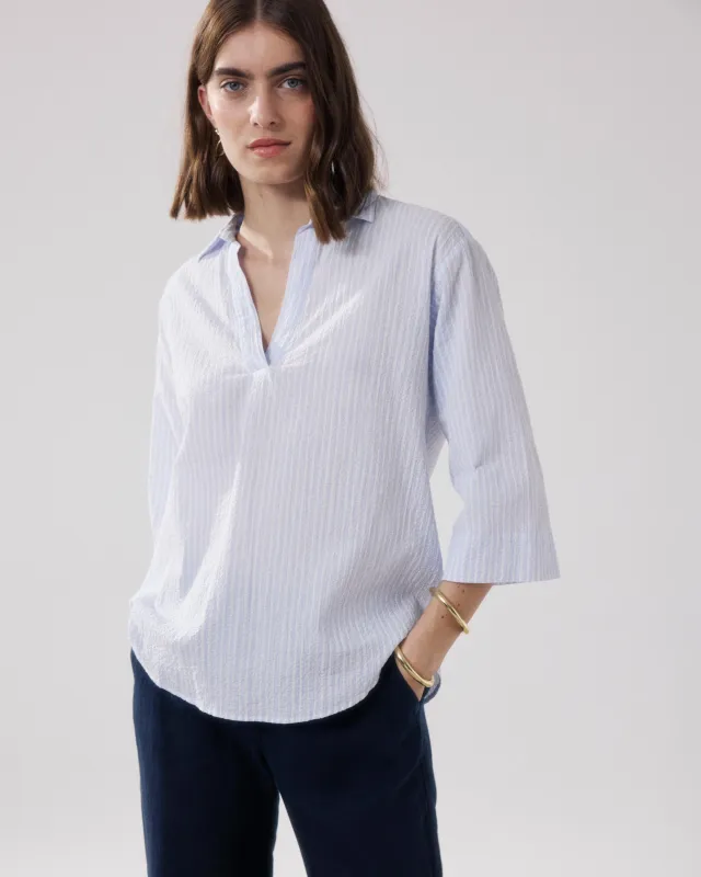 Blouse Femme en Seersucker Blanc & Bleu Cola made by Hartford