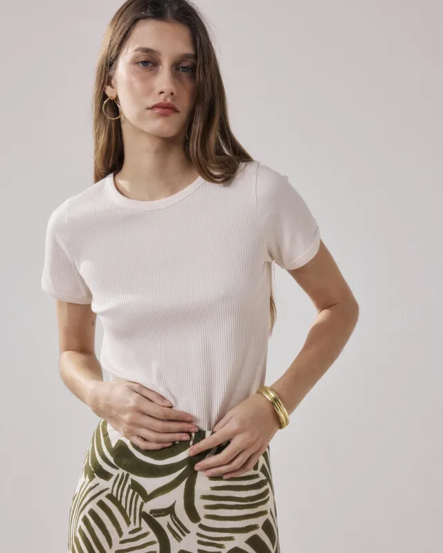 T-Shirt Femme en Coton Côtelé Ecru Tesoel made by Hartford