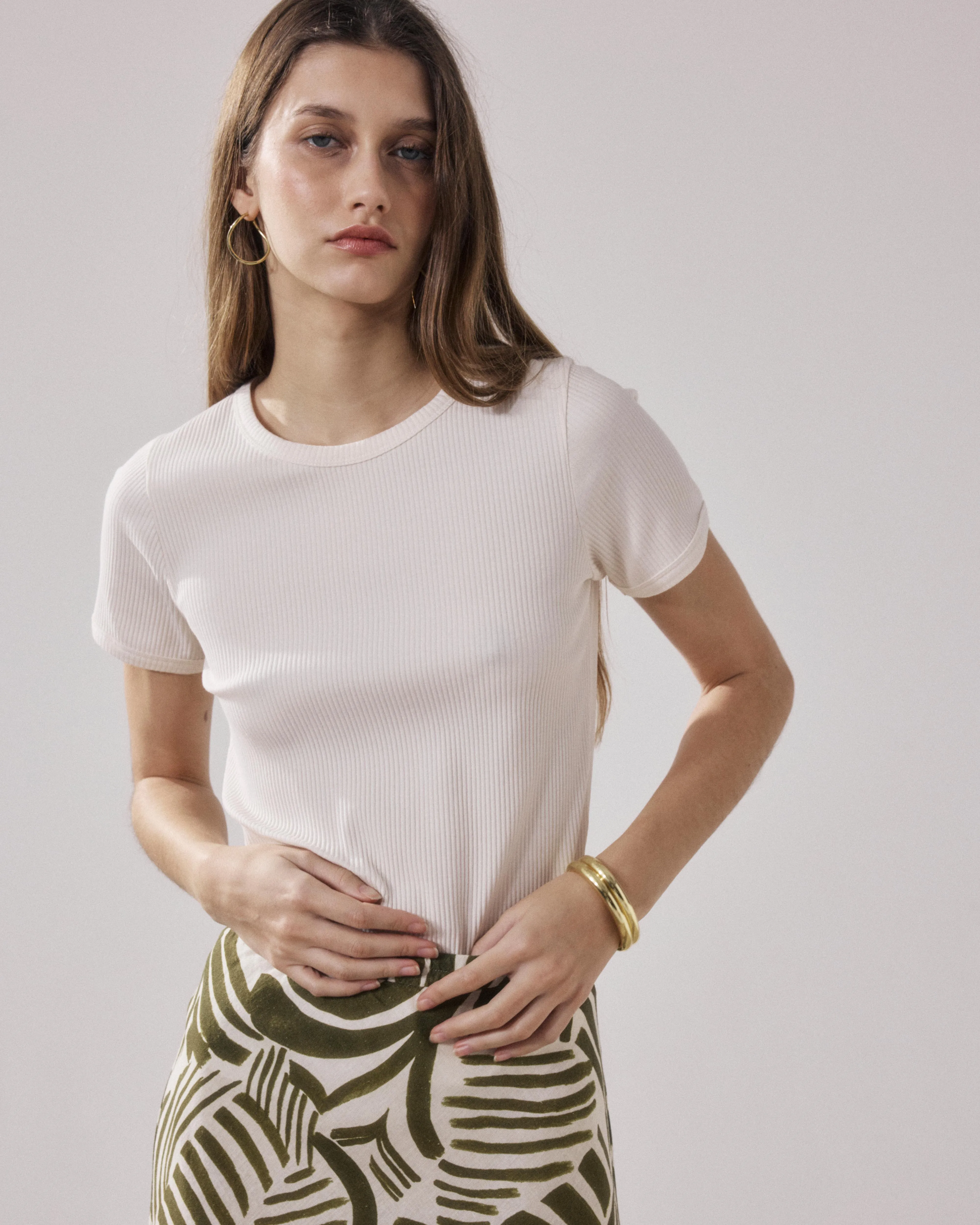 T-Shirt Femme en Coton Côtelé Ecru Tesoel sold by Hartford