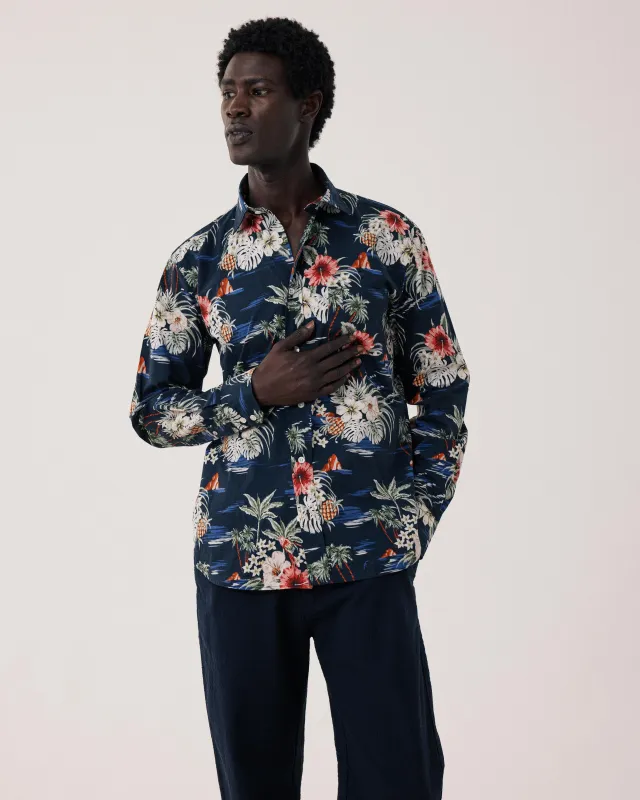 Chemise Homme en Coton Imprimé Tropical Bleu Marine Paul made by Hartford