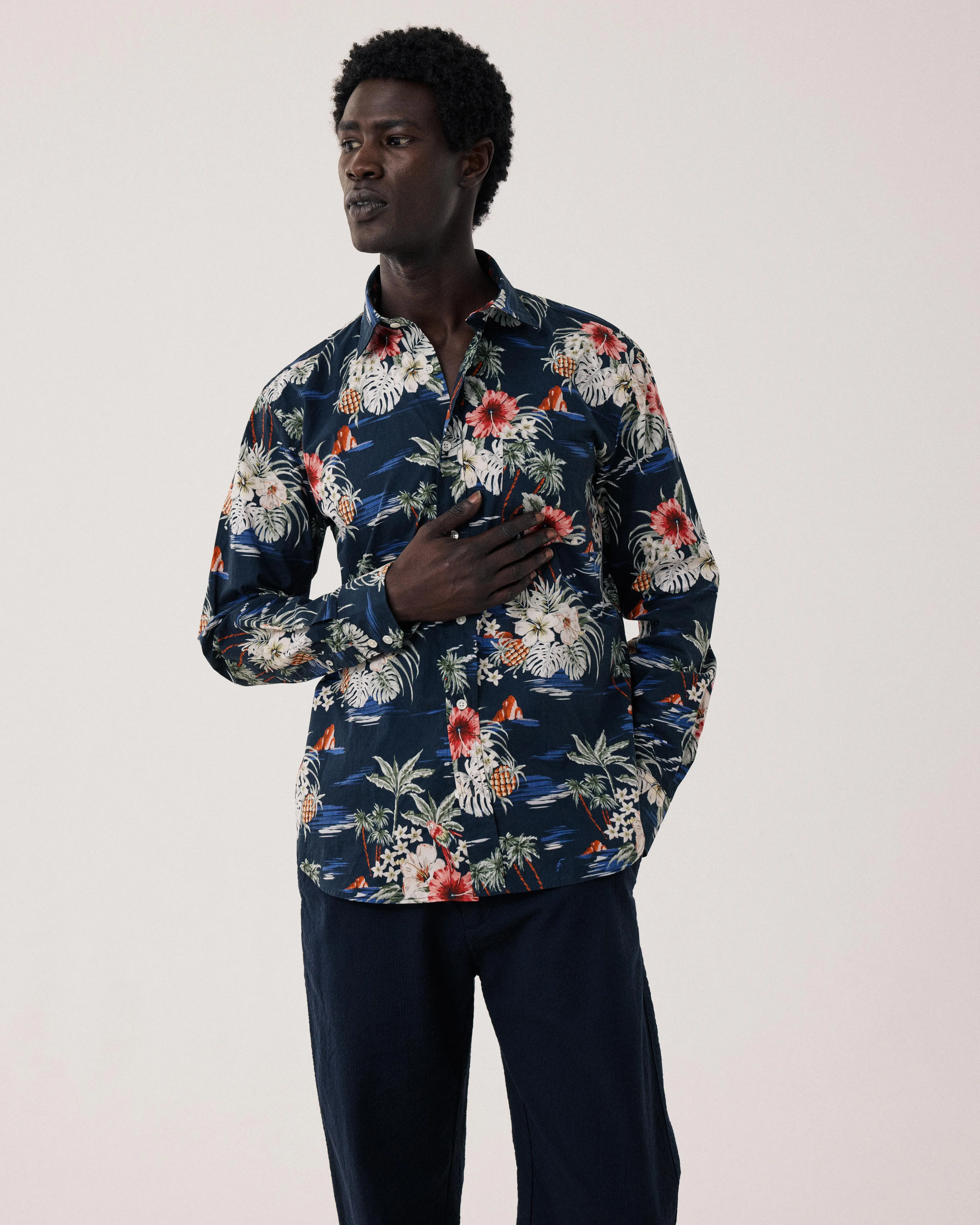 Chemise Homme en Coton Imprimé Tropical Bleu Marine Paul sold by Hartford