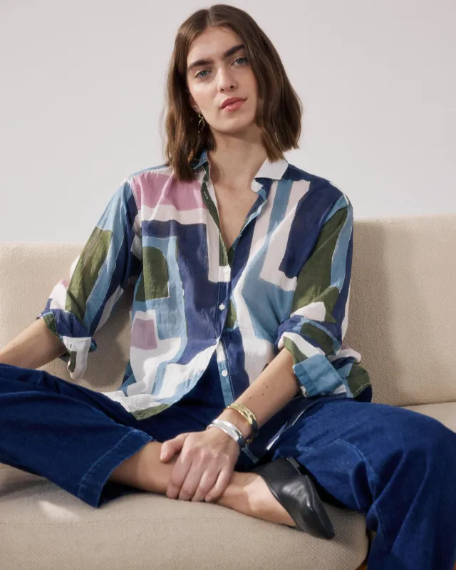 Chemise Femme en Coton Imprimé Blanc & Bleu & Beige Charlot sold by Hartford