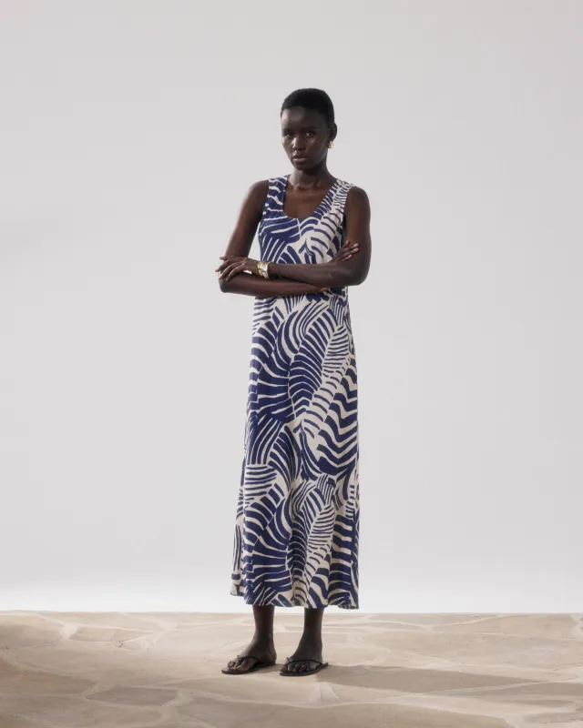 Robe Femme en Lin & Viscose Imprimé Beige & Bleu Rosabeth made by Hartford