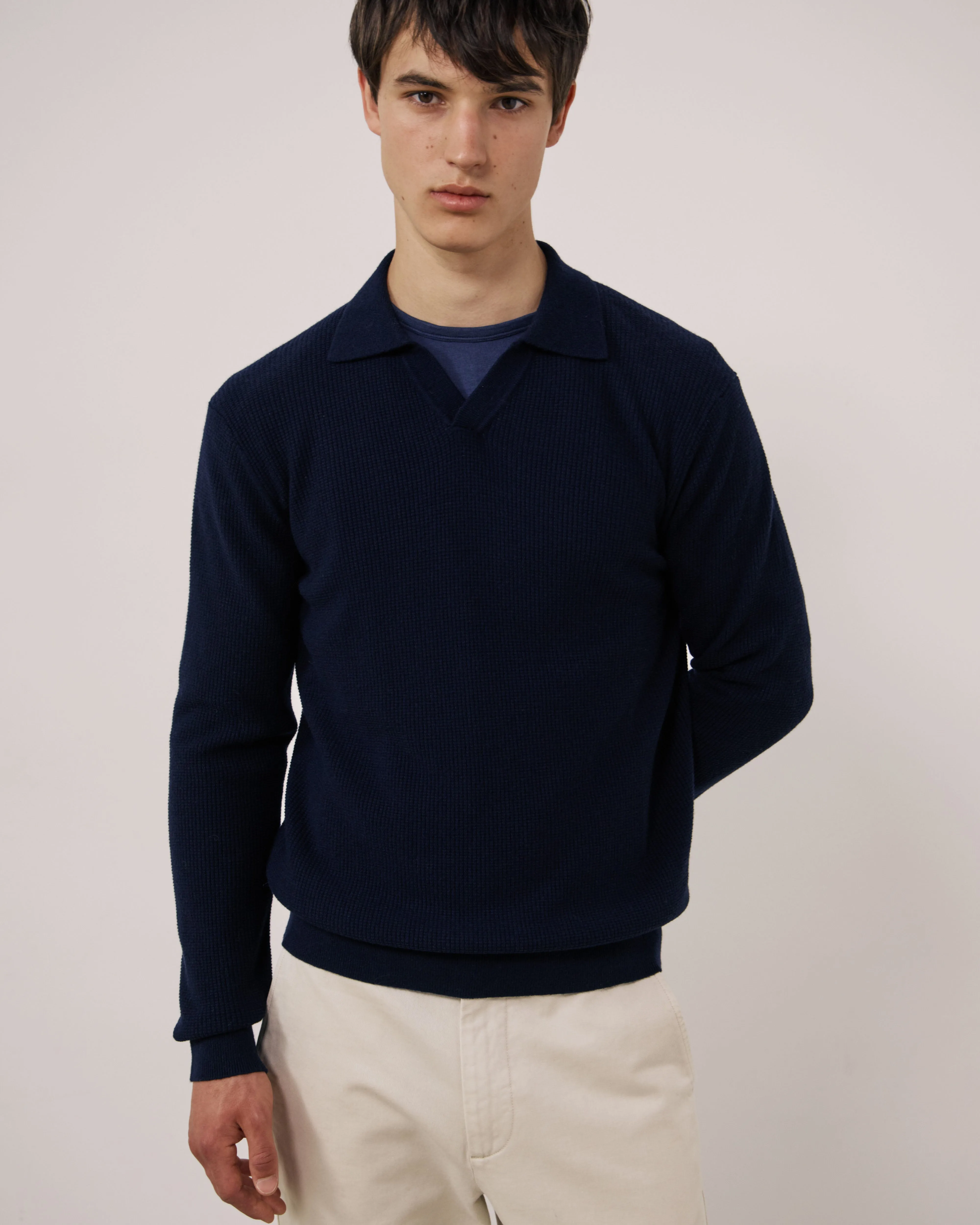 Pull Homme en Laine & Cachemire Gaufré Bleu Marine Polo sold by Hartford product image thumbnail 3