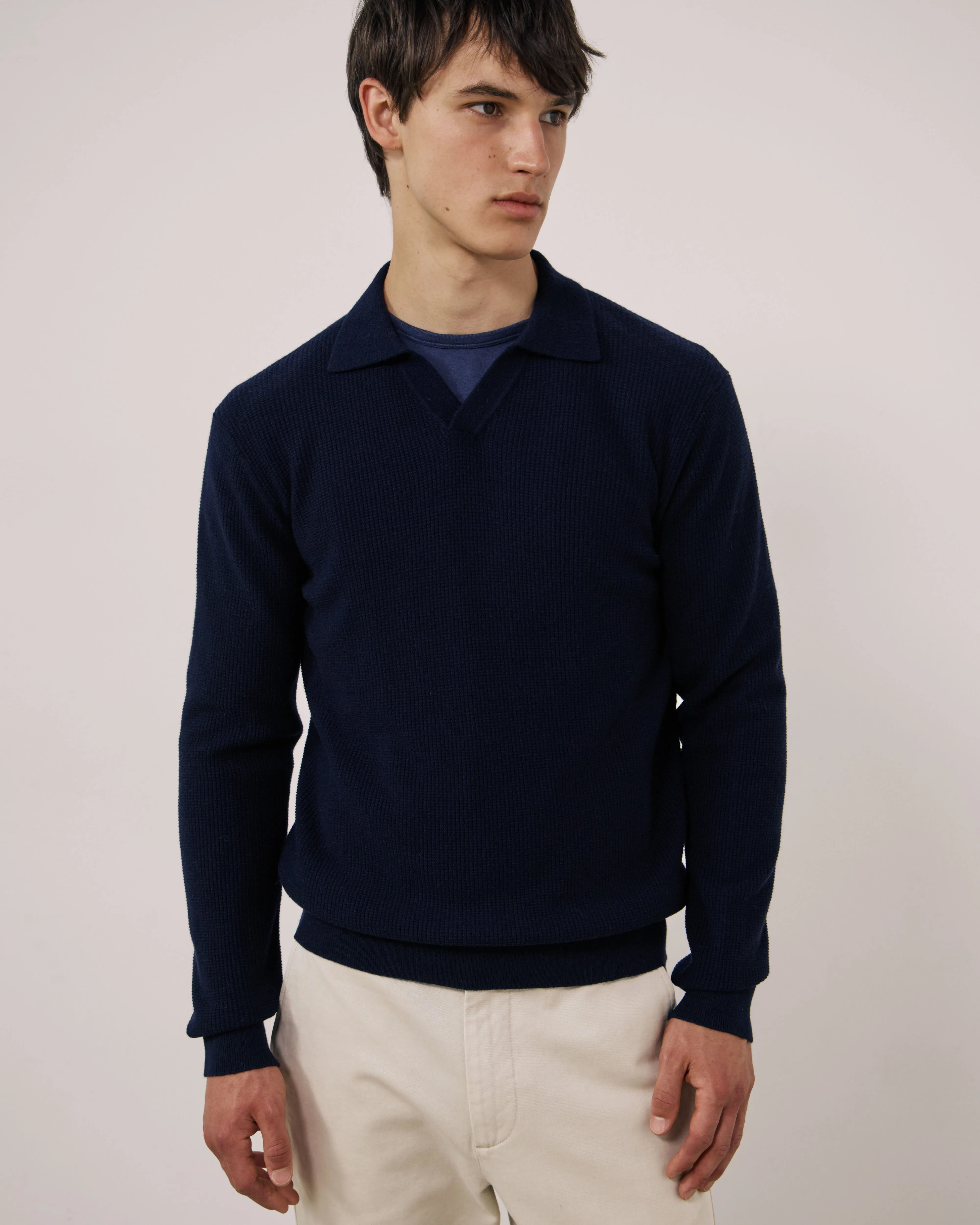Pull Homme en Laine & Cachemire Gaufré Bleu Marine Polo sold by Hartford
