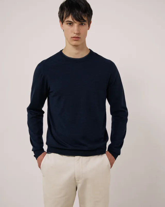 Pull Homme en Laine Extrafine Bleu Marine Merino Crew made by Hartford