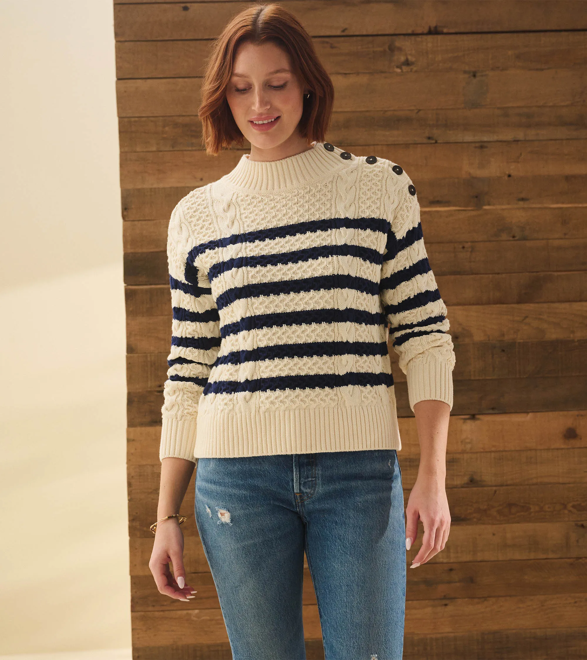 Button Neck Sweater - French Stripe sold by Hatley