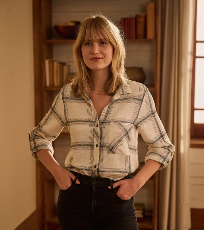 Lila Button Down - Cream Plaid sold by Hatley