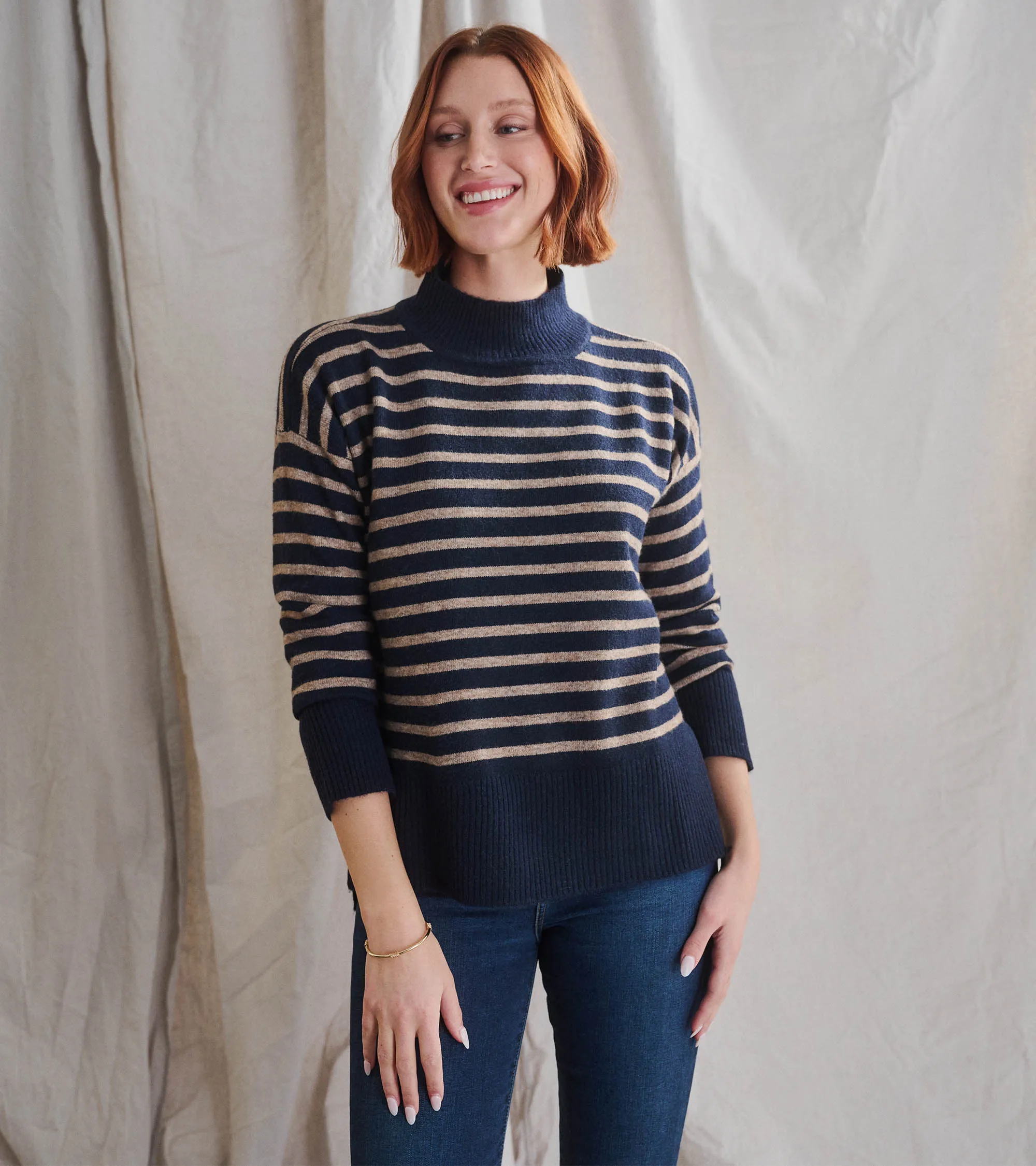 Mock Neck Tunic - Navy Taupe Stripes sold by Hatley