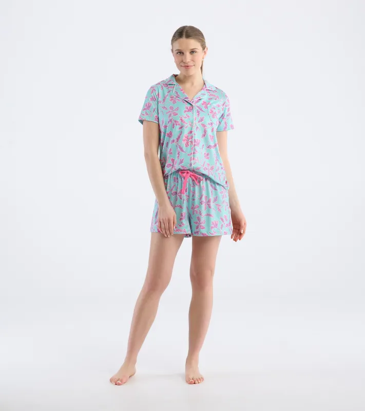 Women's Turquoise Batik Flowers Short Pajama Set sold by Hatley
