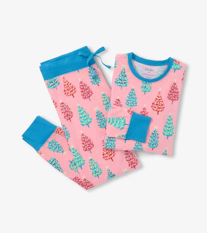 Women's Pink Bottle Brush Trees Glow in the Dark Cotton Pajama Set made by Hatley