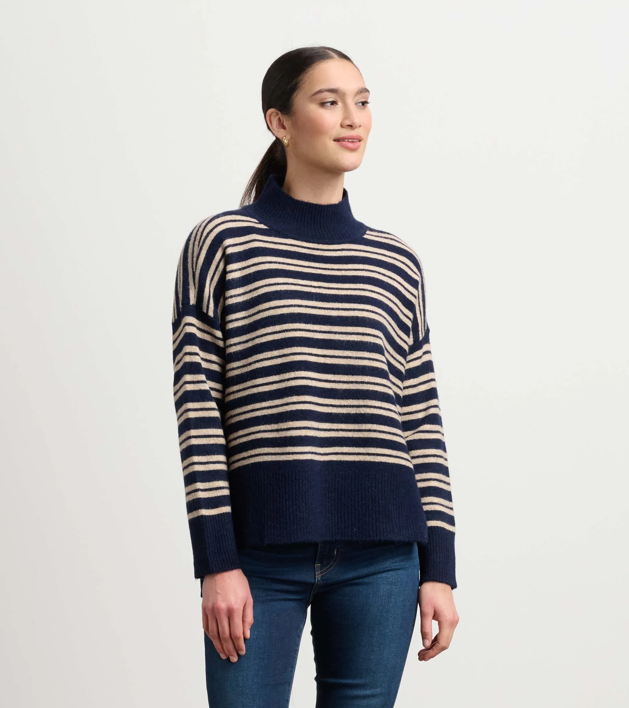 Mock Neck Sweater - Navy and Camel Stripe sold by Hatley