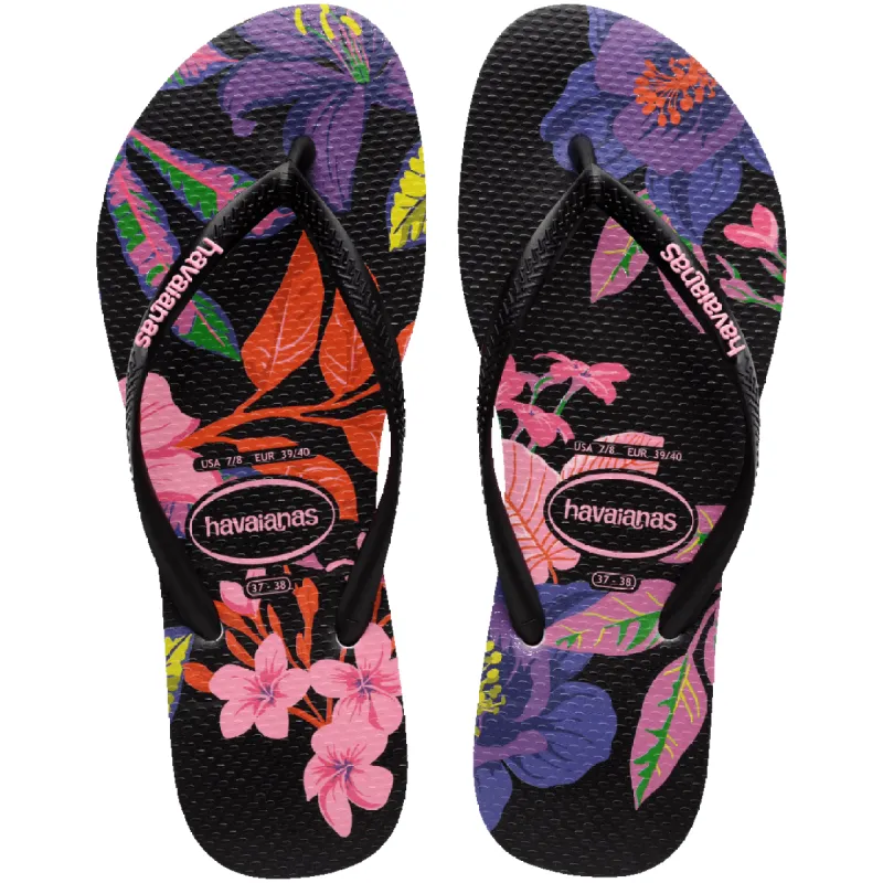 Black Floral Colors Slim Flip Flops sold by Havaianas