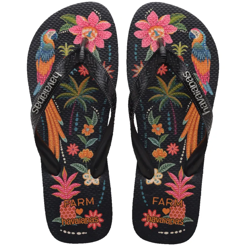 Women's FARM Rio Black Parrots Top Flip Flops made by Havaianas