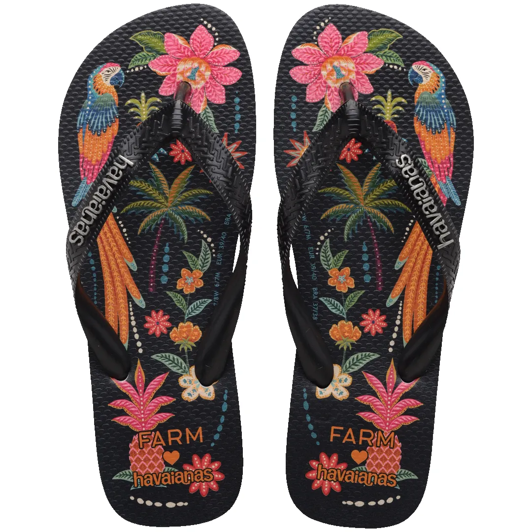 Women's FARM Rio Black Parrots Top Flip Flops sold by Havaianas