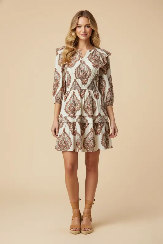 Womens Block Print Ruffle Detail Smocked Waist Dress sold by Hayden