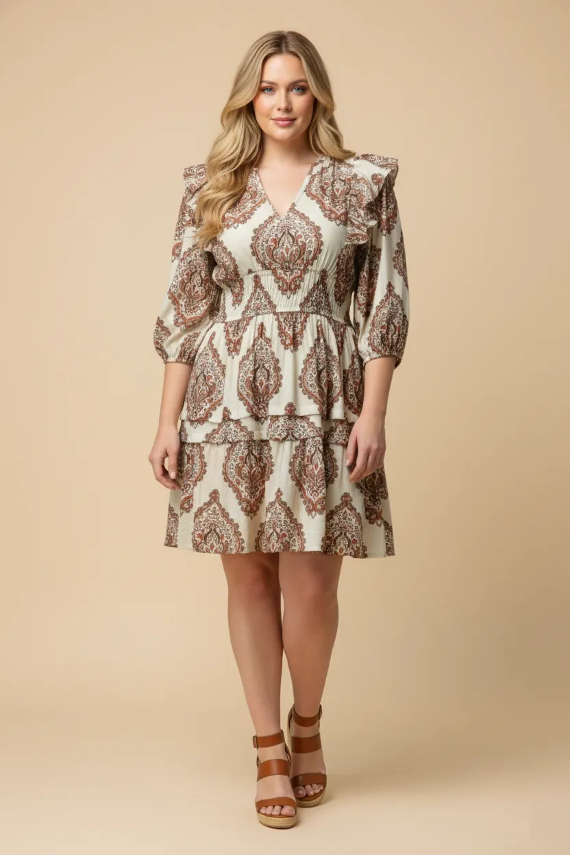 Womens Block Print Ruffle Detail Smocked Waist Dress sold by Hayden product image thumbnail 2