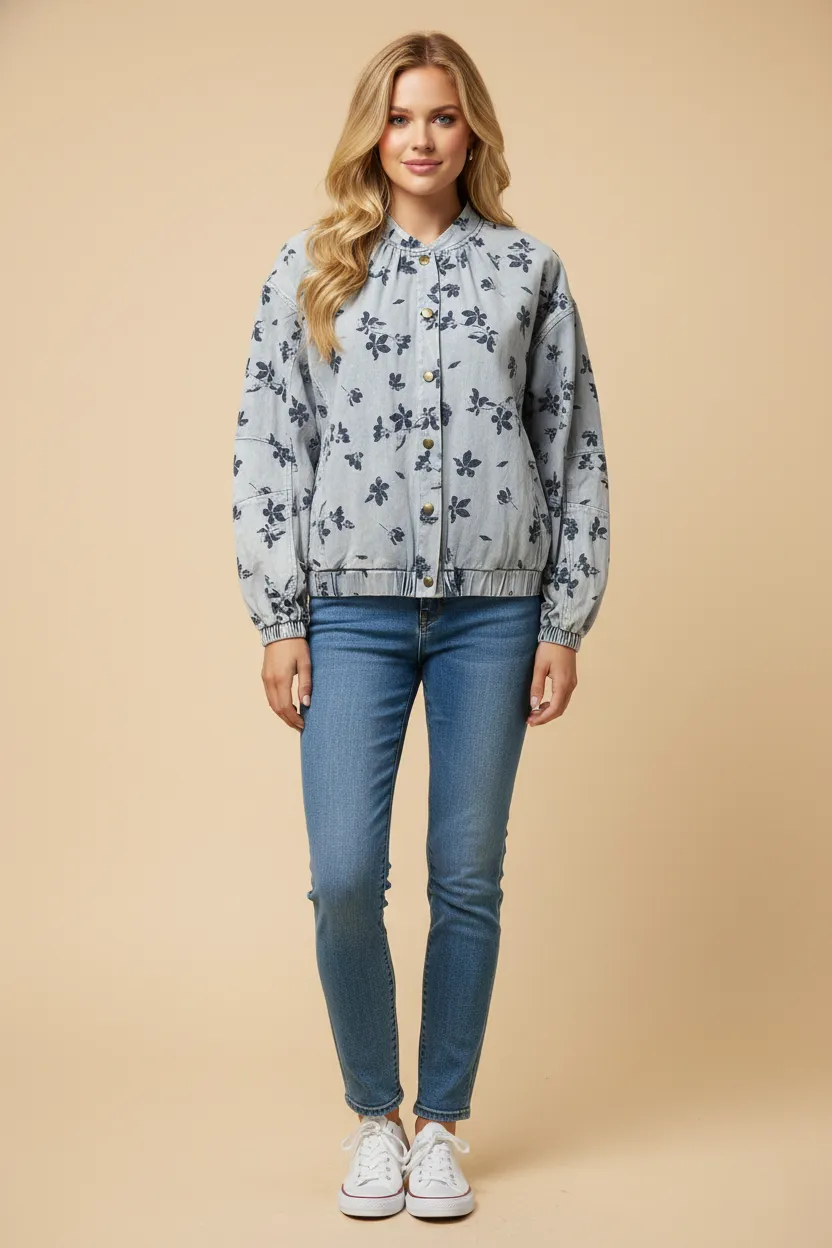 Womens Floral Print Stretch Twill Puff Sleeve Jacket sold by Hayden product image thumbnail 5