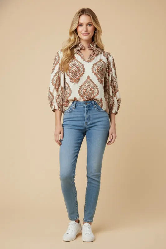 Womens Exaggerated Ruffle Collar Block Print Top sold by Hayden