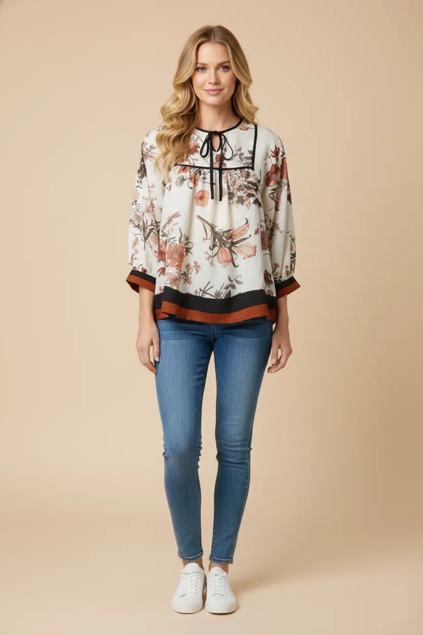 Womens Soft Floral Piping And Border Detail Top sold by Hayden