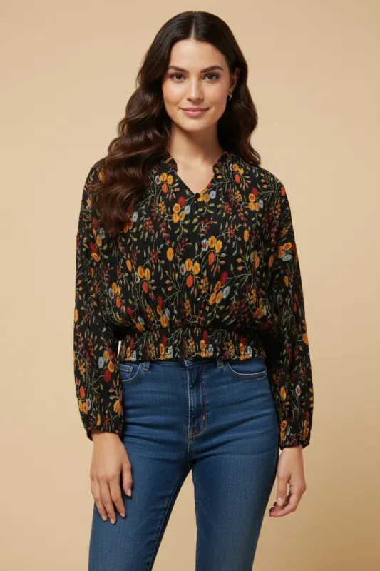 Womens Crinkled Fern Print Open Collar Top sold by Hayden