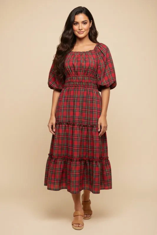 Womens Plaid Gathered Waist Ruffled Tier Dress sold by Hayden
