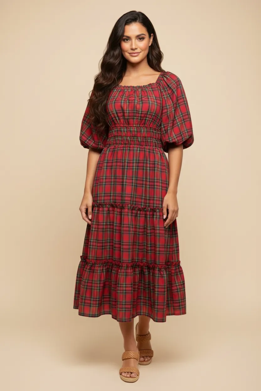 Womens Plaid Gathered Waist Ruffled Tier Dress sold by Hayden