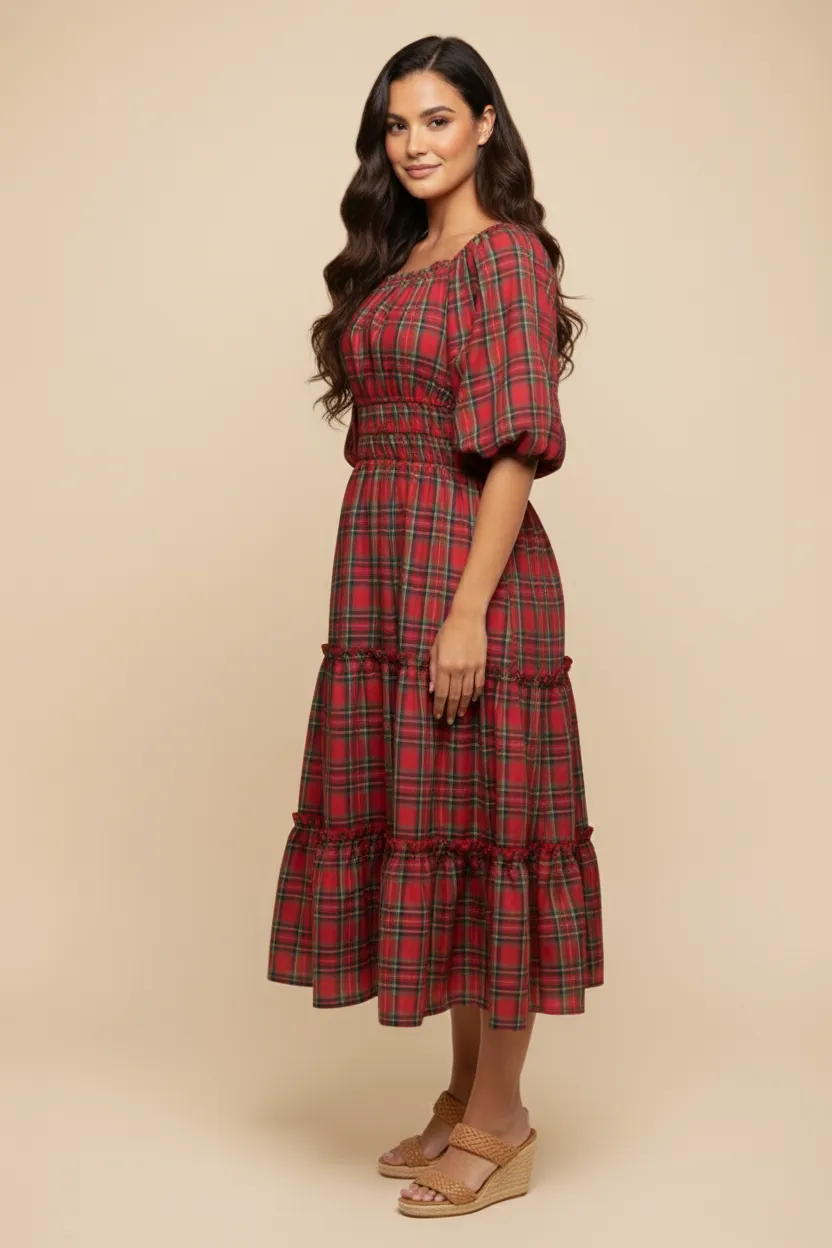 Womens Plaid Gathered Waist Ruffled Tier Dress sold by Hayden product image thumbnail 2