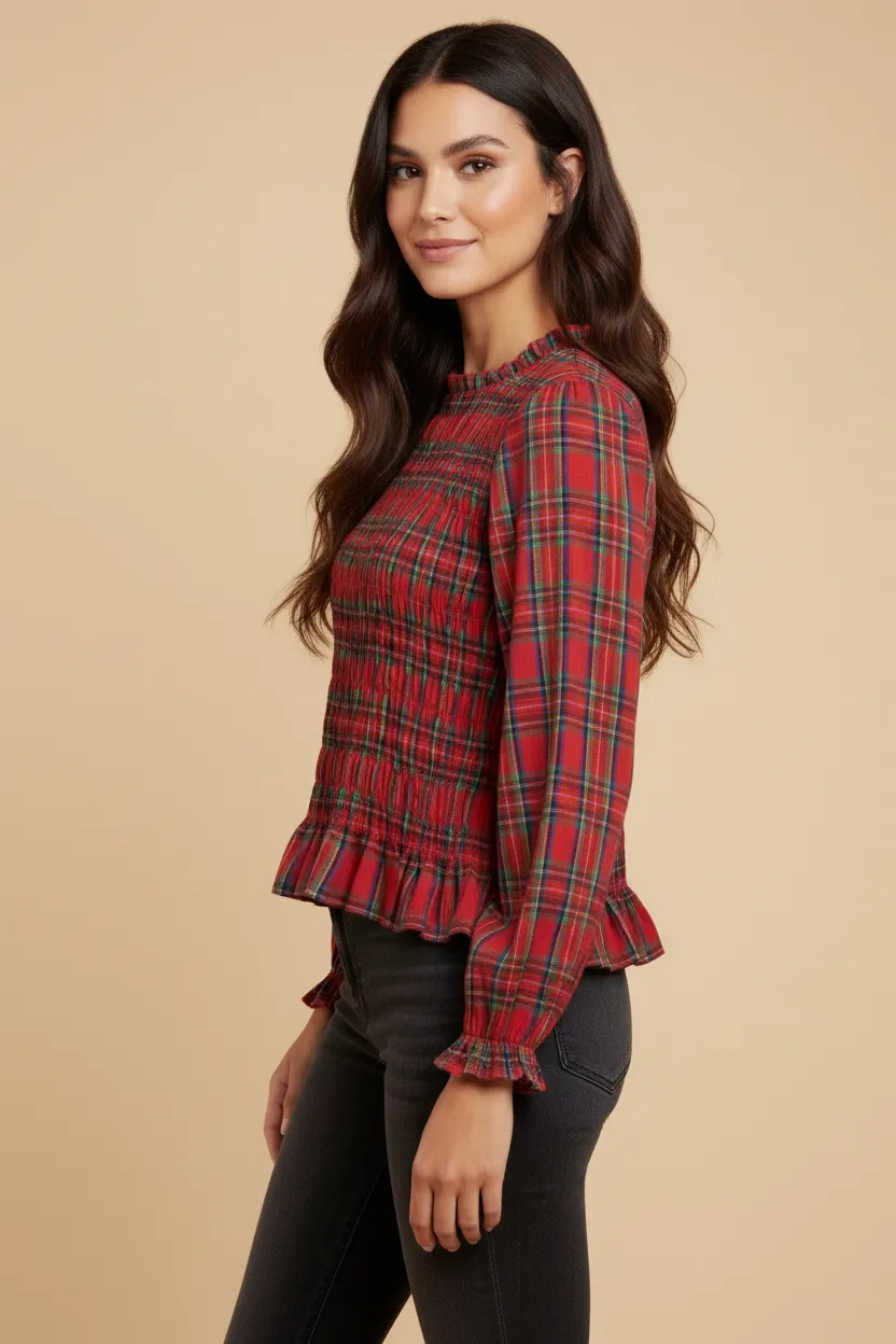 Womens Plaid Ruffle Neck Smocked Body Top sold by Hayden product image thumbnail 3