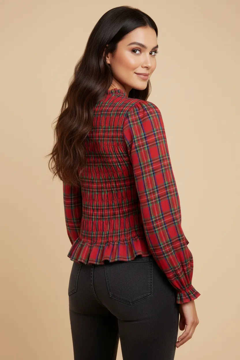 Womens Plaid Ruffle Neck Smocked Body Top sold by Hayden product image thumbnail 4