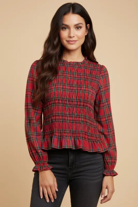 Womens Plaid Ruffle Neck Smocked Body Top sold by Hayden