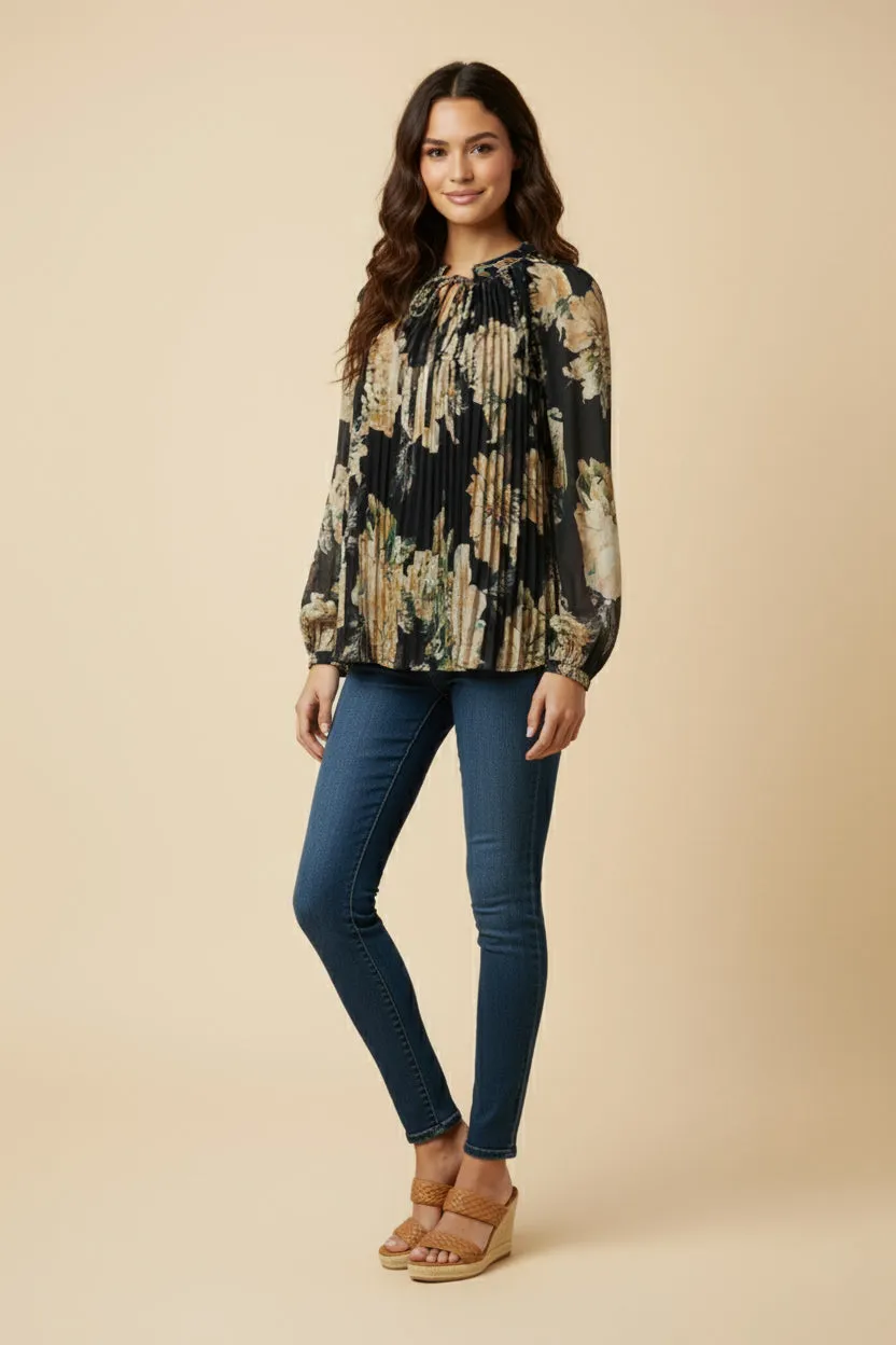 Womens Romantic Floral Pleated Tie Neck Blouse sold by Hayden
