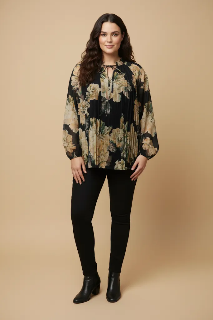 Womens Romantic Floral Pleated Tie Neck Blouse sold by Hayden product image thumbnail 2