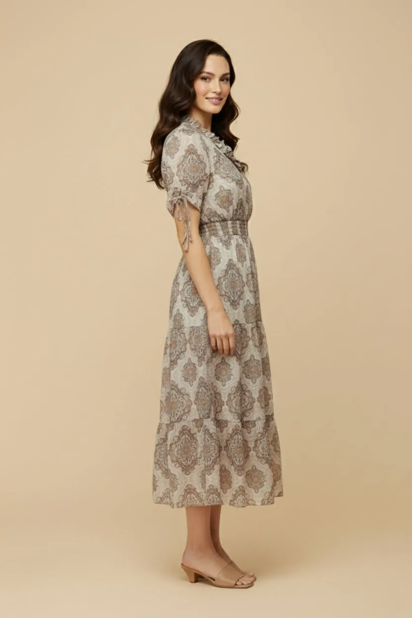 Womens Block Print Smocked Waist Tie Sleeve Dress sold by Hayden product image thumbnail 4