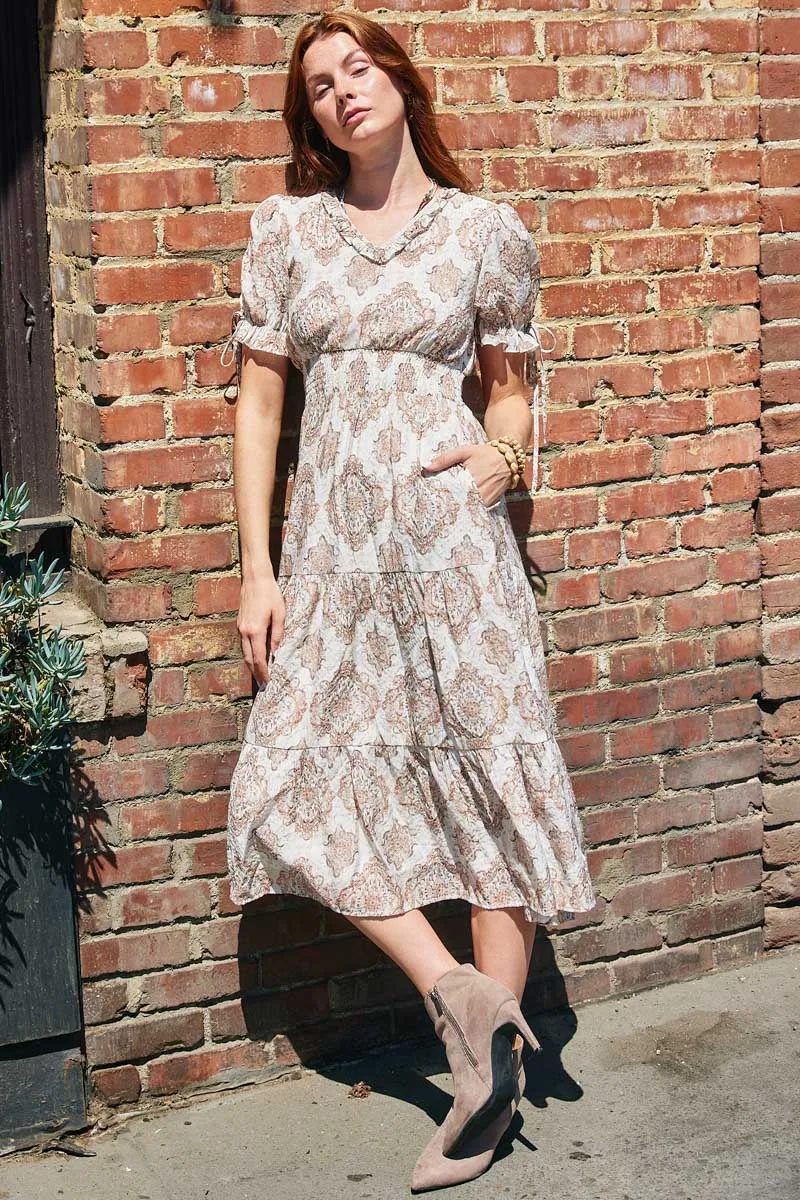 Womens Block Print Smocked Waist Tie Sleeve Dress sold by Hayden