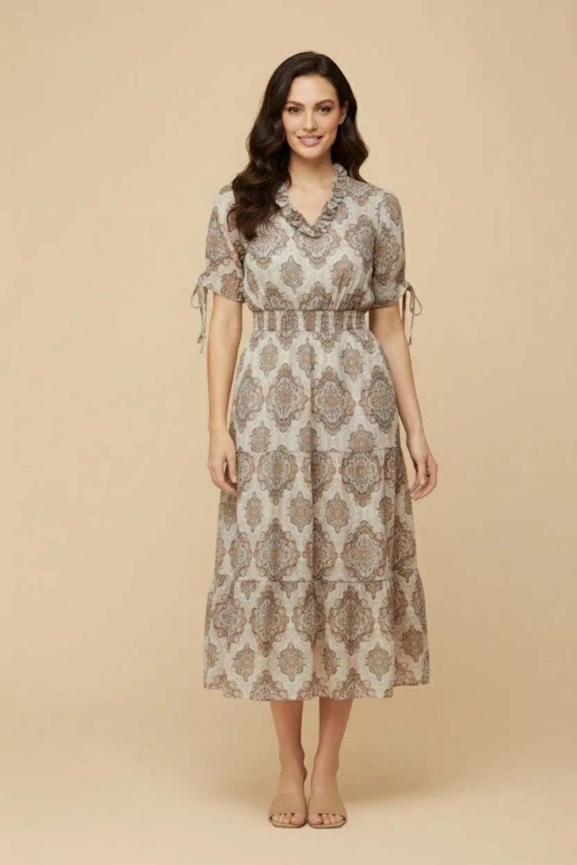 Womens Block Print Smocked Waist Tie Sleeve Dress sold by Hayden product image thumbnail 2