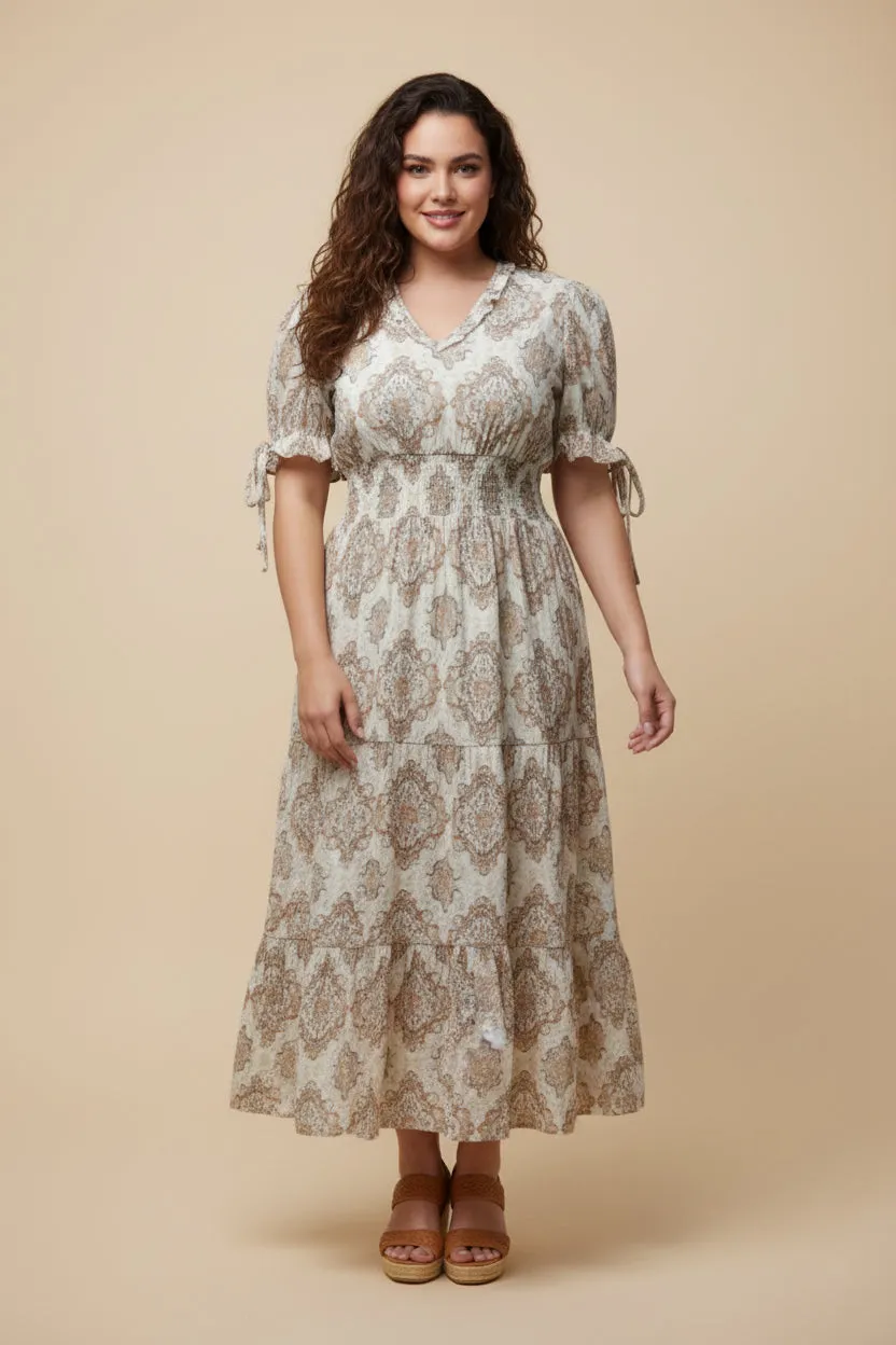 Womens Block Print Smocked Waist Tie Sleeve Dress sold by Hayden product image thumbnail 3