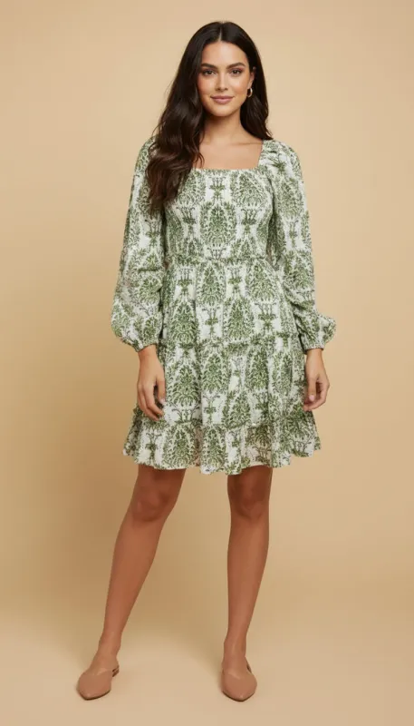 Womens Smocked Block Print Square Neck Dress sold by Hayden