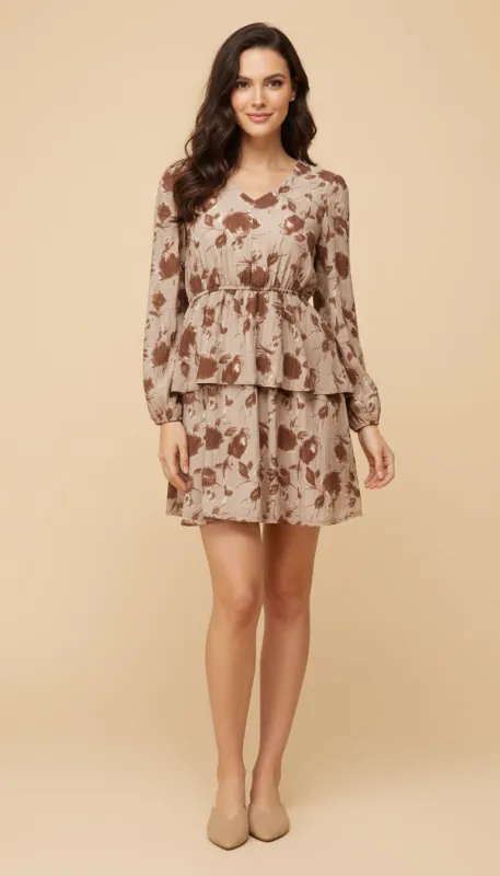 Womens Monochrome Floral V Neck Tiered Dress made by Hayden