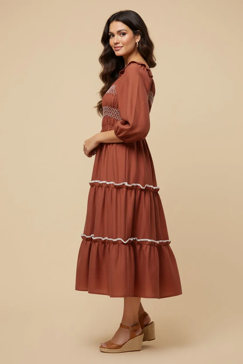 Womens Contrast Smocking Detailed Ruffled Square Neck Dress sold by Hayden product image thumbnail 3