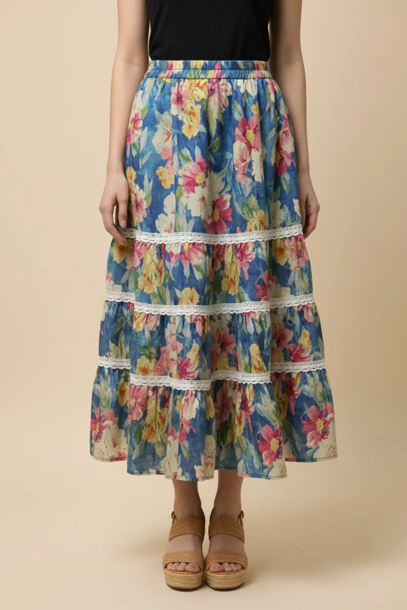 Womens Floral Print Lace Trimmed Tiered Skirt sold by Hayden product image thumbnail 4