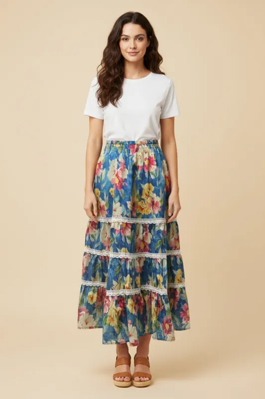 Womens Floral Print Lace Trimmed Tiered Skirt sold by Hayden