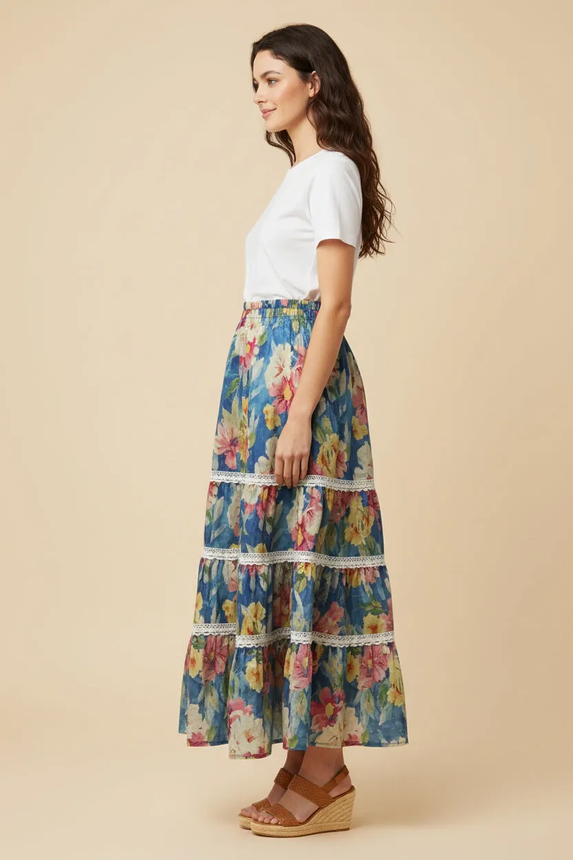 Womens Floral Print Lace Trimmed Tiered Skirt sold by Hayden product image thumbnail 2