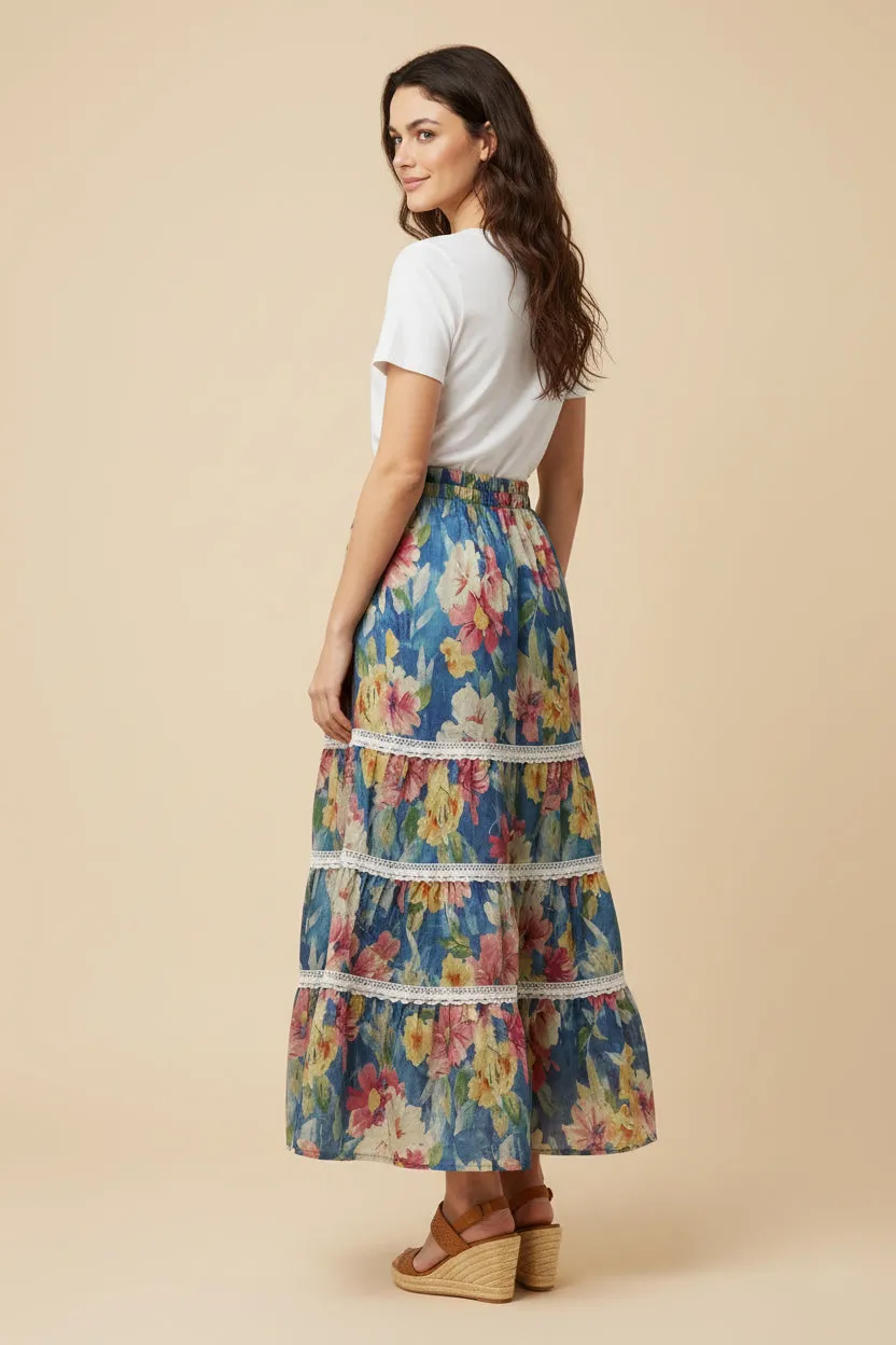 Womens Floral Print Lace Trimmed Tiered Skirt sold by Hayden product image thumbnail 3