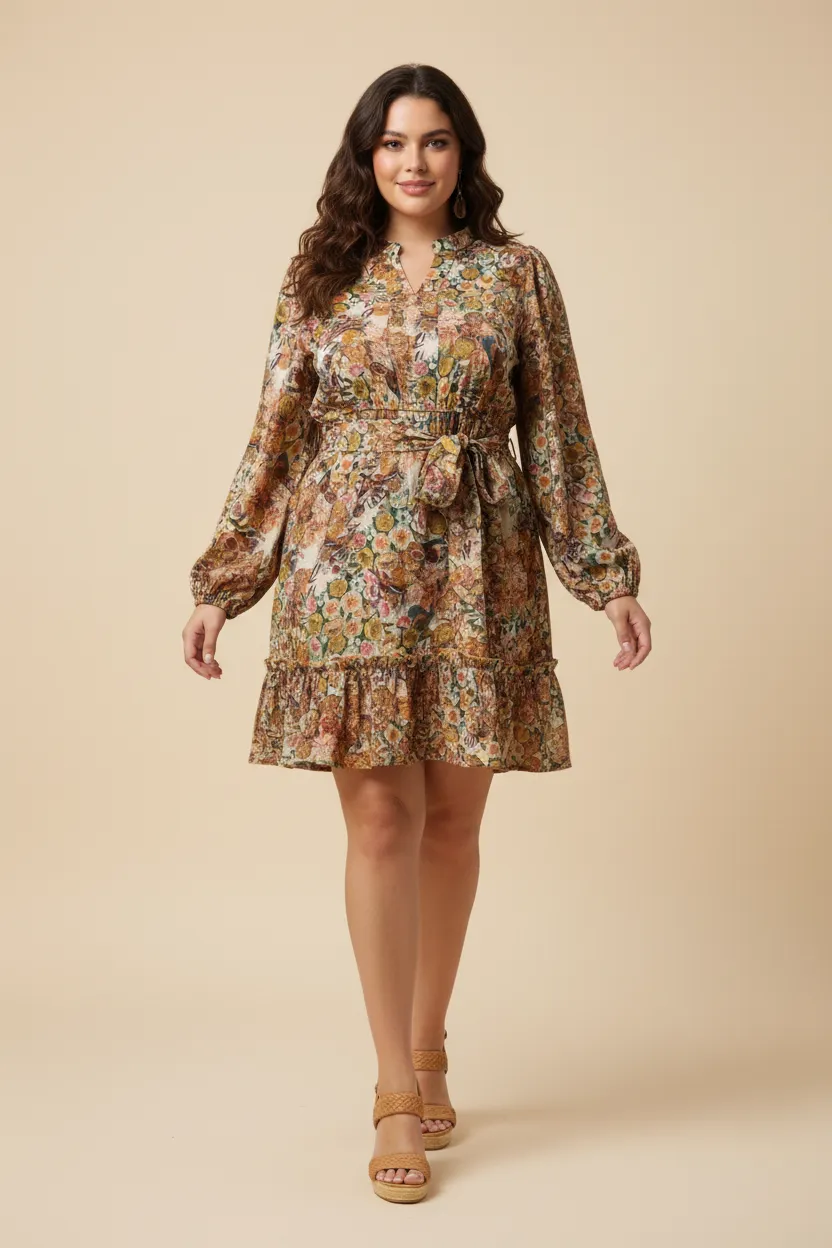 Womens Floral Fruit Print Notch Neck Belted Dress sold by Hayden product image thumbnail 2