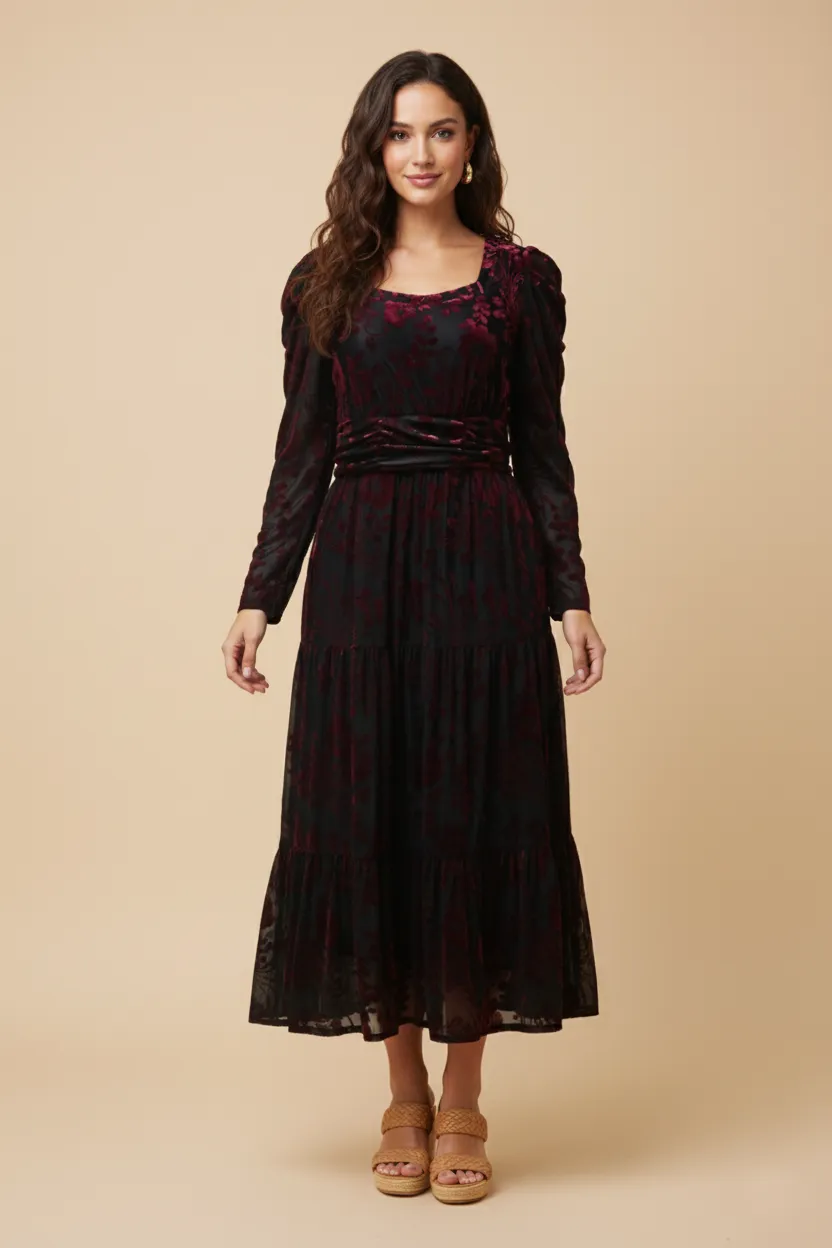 Womens Velvet Botanical Burnout Square Neck Dress sold by Hayden product image thumbnail 4